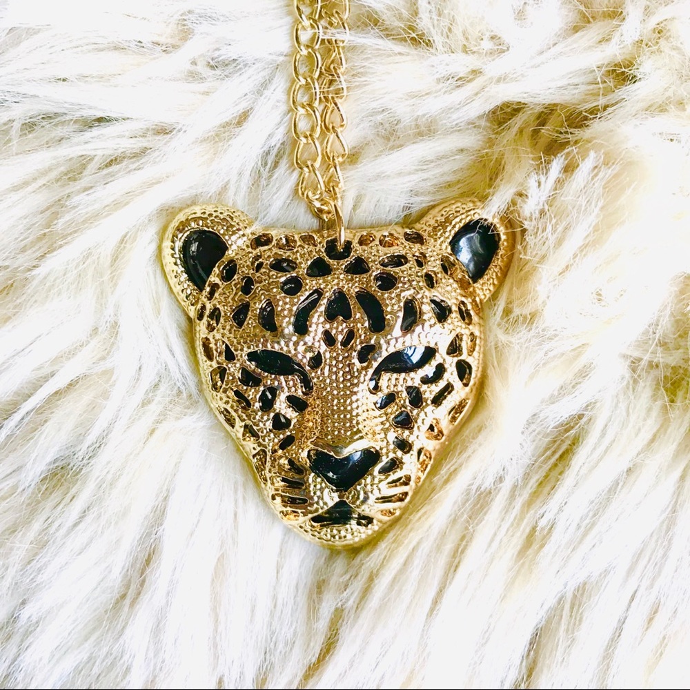 Gold Leopard Head Pendant Necklace with Black Enamel Accents
